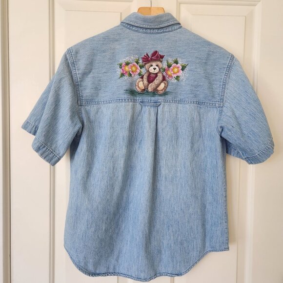Vintage Denim Shirt Teddy Bear Floral Short Sleeve Spring Summer Cute Teddy Core - Picture 2 of 13